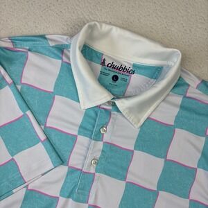 CHUBBIES Mens 'The Pawn' Performance Polo Shirt Large 80s/90s Print Lightweight